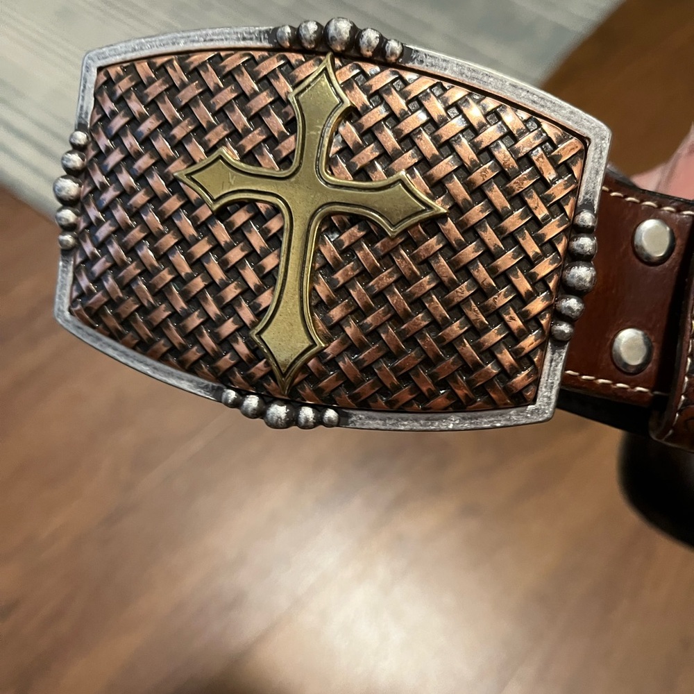 Nocona Artisan Belt Western Cowboy Brass Copper & Silver-Tone Buckle Leather